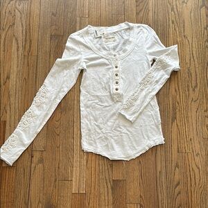 Free People White Long Sleeve Top with Lace Detail
